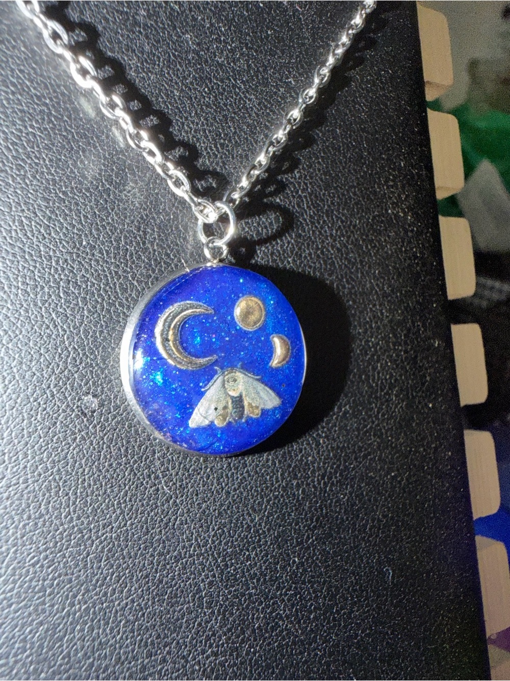 Handmade Celestial Moth Resin Pendant Necklace in Sparkling Blue - Picture 3 of 3